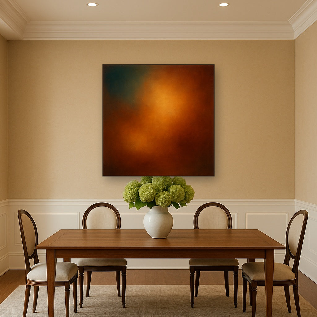 Deep Topaz & Spiced Terracotta Glow No. 17 Oil Painting Staged Above Dining Room Credenza, Elegant Hand Painted Oil Art for Dining Room Walls