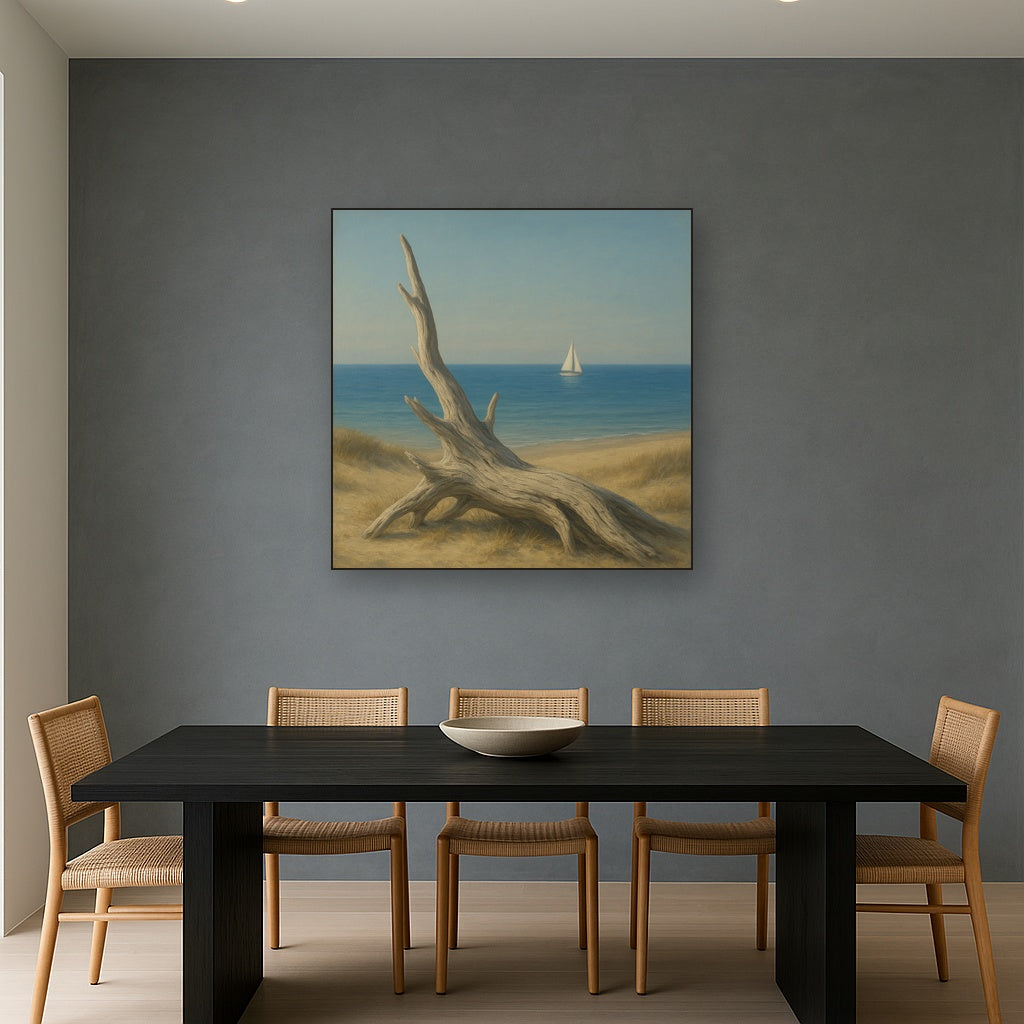Sun-Bleached Driftwood & Distant Sailboat No. 9 Oil Painting Staged Above Dining Room Credenza, Elegant Hand Painted Oil Art for Dining Room Walls