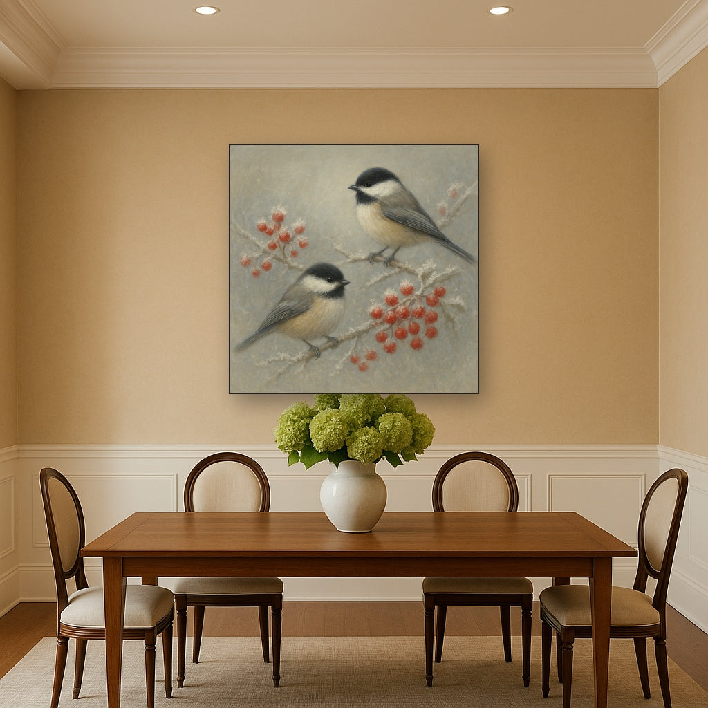 Winter Birds on Frosty Red Berry Branch No. 9 Oil Painting Staged Above Dining Room Credenza, Elegant Hand Painted Oil Art for Dining Room Walls