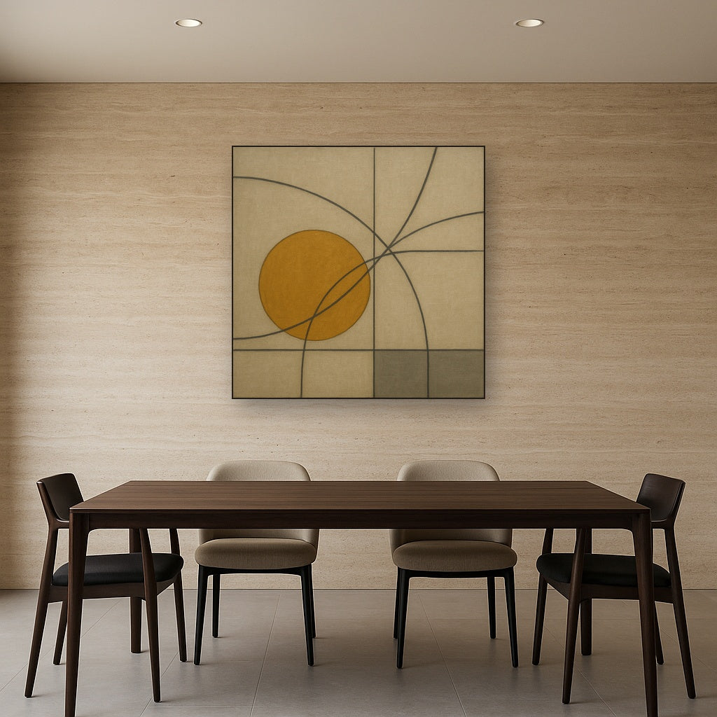 Abstract Tangent Lines & Earthy Ochre Disc No. 4 Oil Painting - View 4