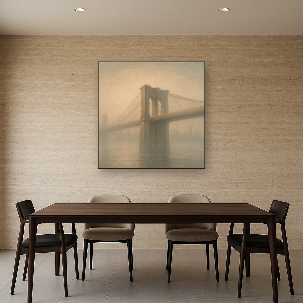 Brooklyn Bridge in Morning River Mist No. 14 Oil Painting Staged Above Dining Room Credenza, Elegant Hand Painted Oil Art for Dining Room Walls