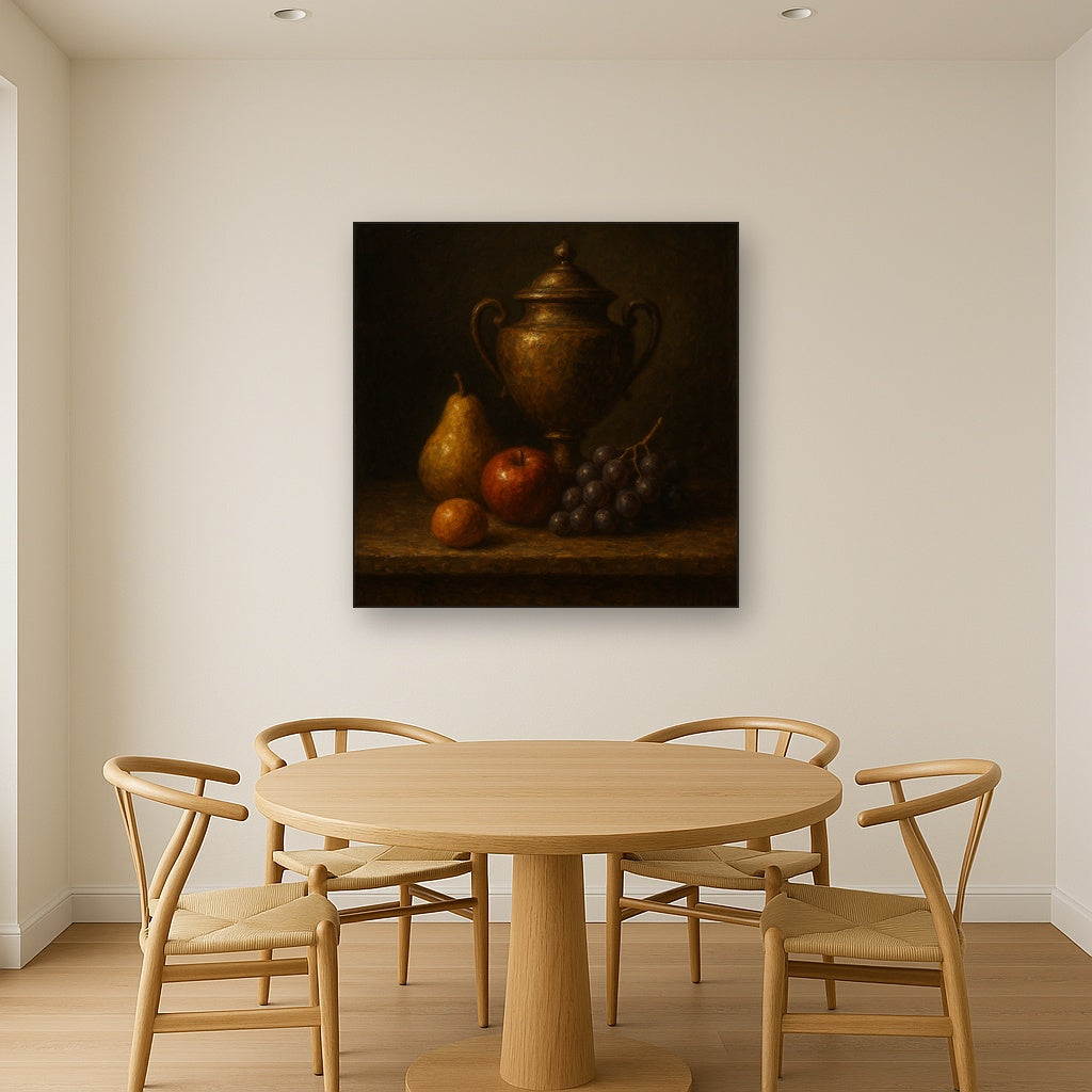 Classical Chiaroscuro Fruit & Urn Still Life No. 5 Oil Painting - Styled in Elegant Dining Room