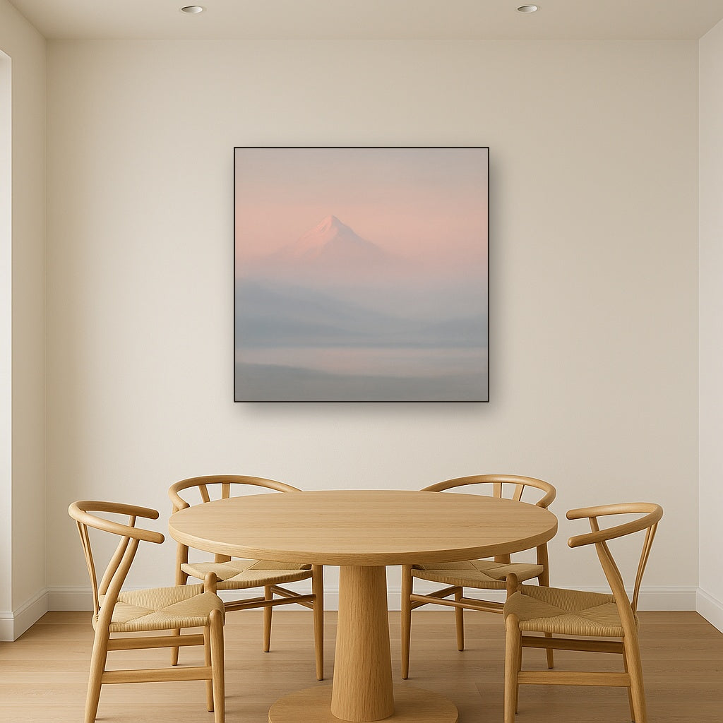 Pale Alpenglow over Distant Glacial Peak No. 4 Oil Painting Staged Above Dining Room Credenza, Elegant Hand Painted Oil Art for Dining Room Walls