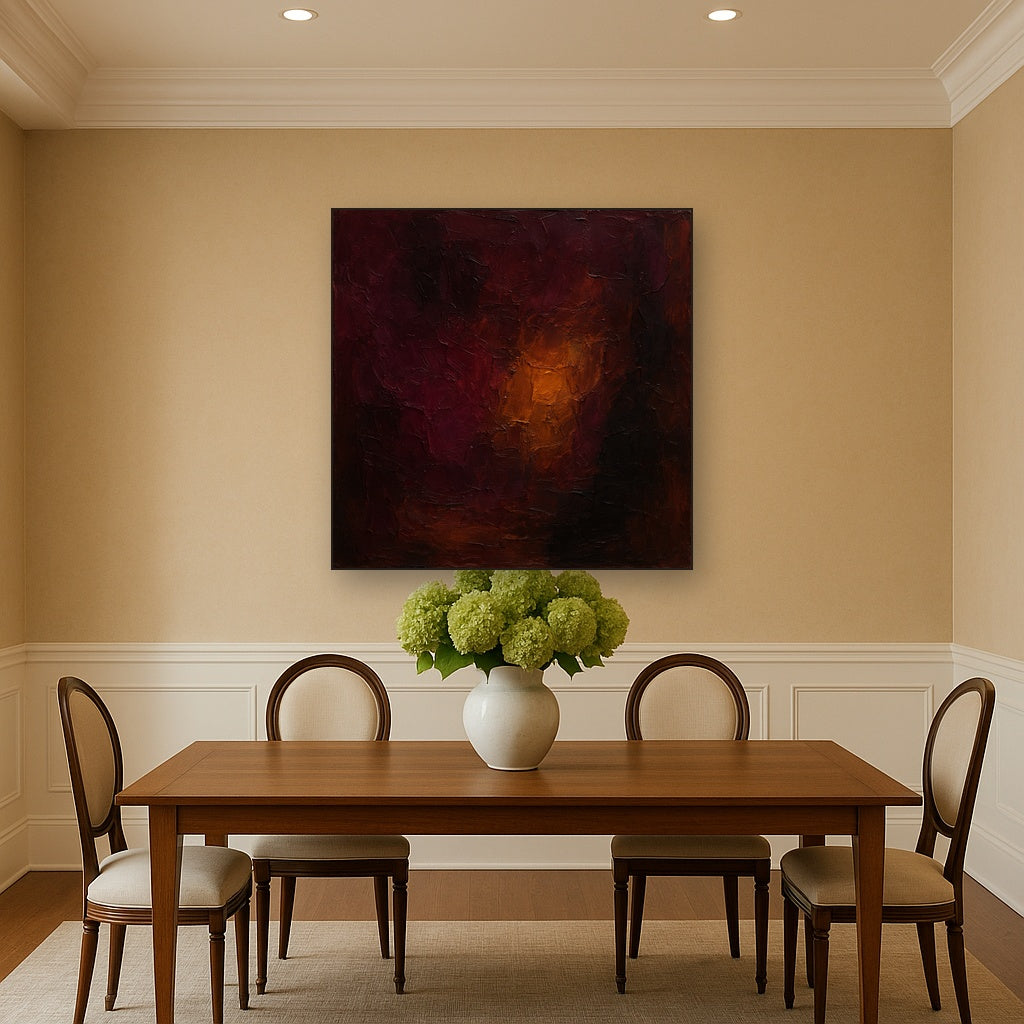 Rich Burgundy Plum & Velvet Amber No. 2 Oil Painting - Styled in Elegant Dining Room