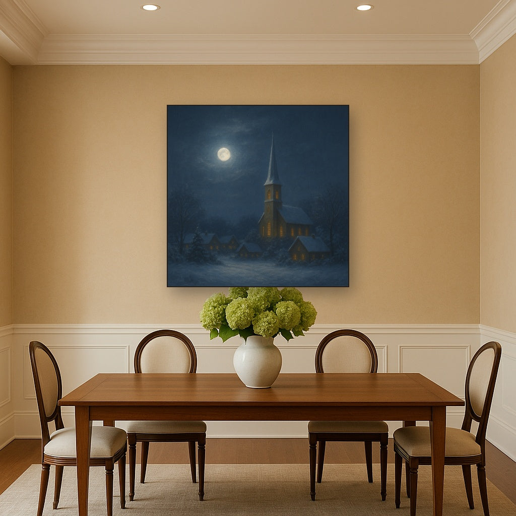 Moonlight Over Snowy Village Steeple No. 3 Oil Painting - View 4