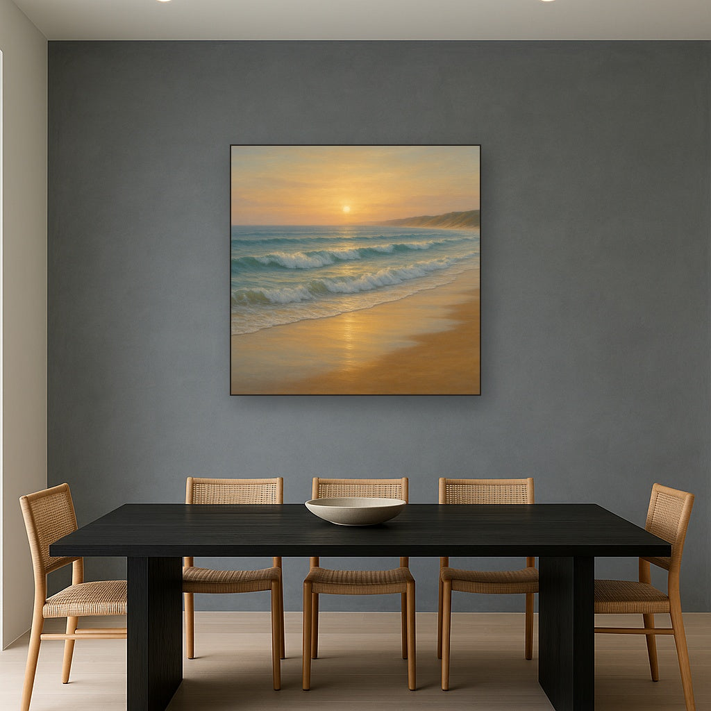 Gentle Breaking Waves & Wet Beach Reflection No. 13 Oil Painting Staged Above Dining Room Credenza, Elegant Hand Painted Oil Art for Dining Room Walls