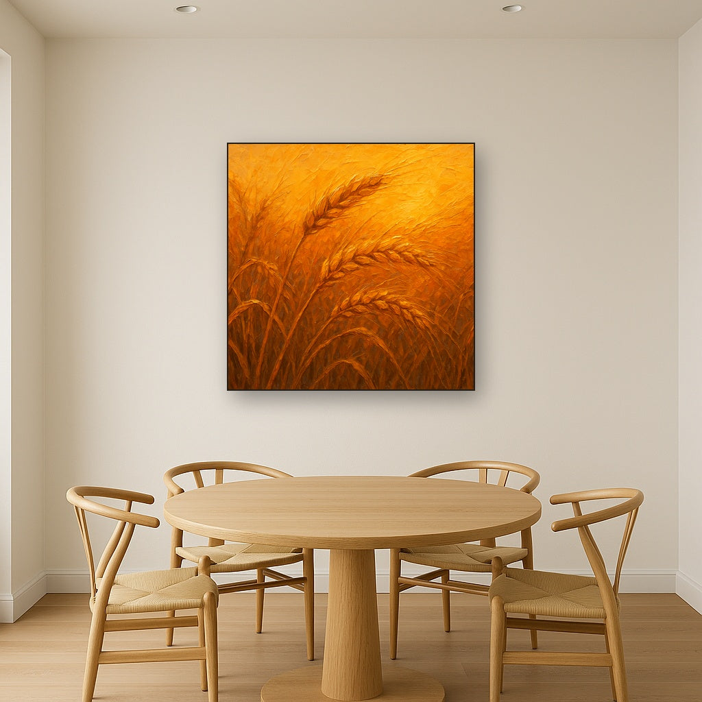 Golden Wheat Field Botanical Oil Painting - Styled in Elegant Dining Room