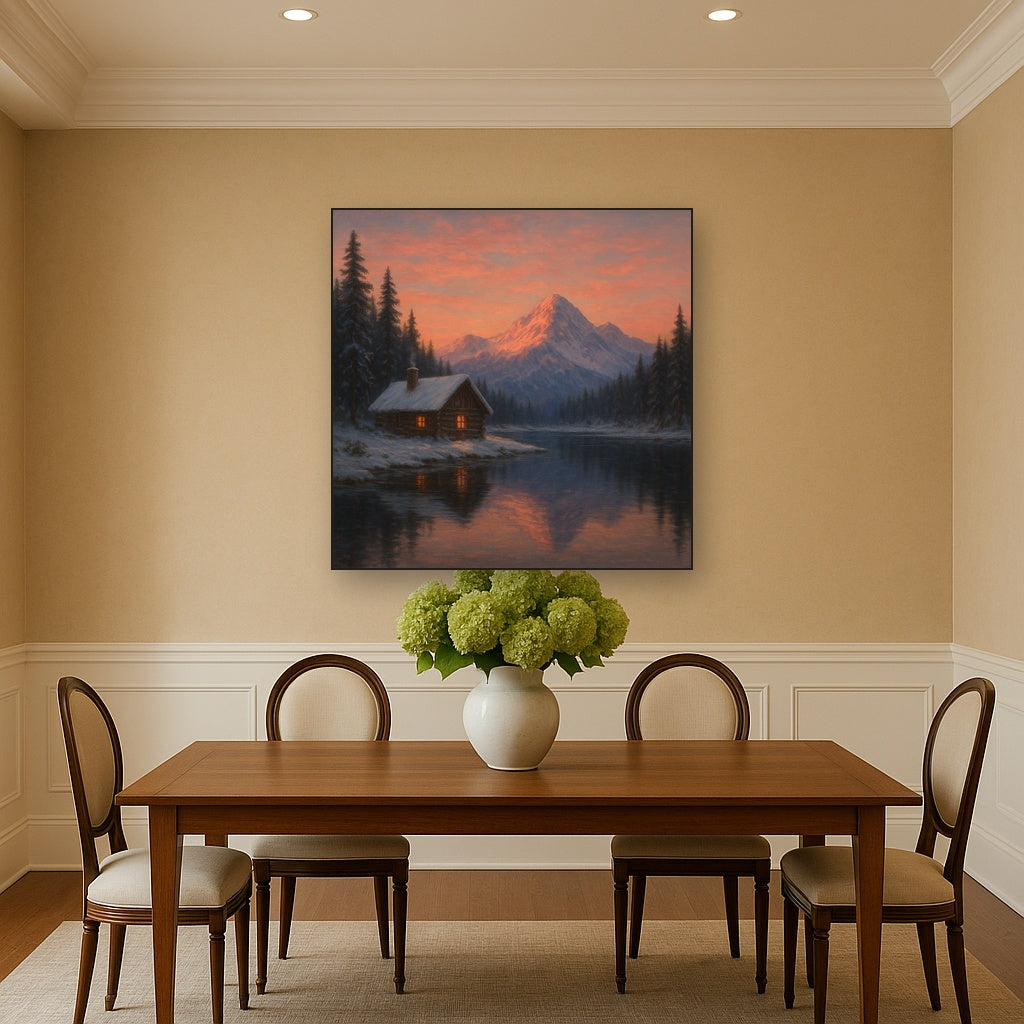 Winter Solstice Mountain Cabin Reflection No. 2 Oil Painting - View 4