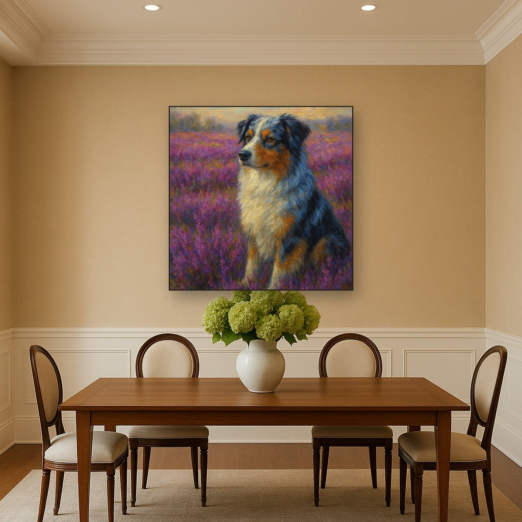 Australian Shepherd in Blooming Heather Field No. 9 Fine Art Oil Painting - View 4