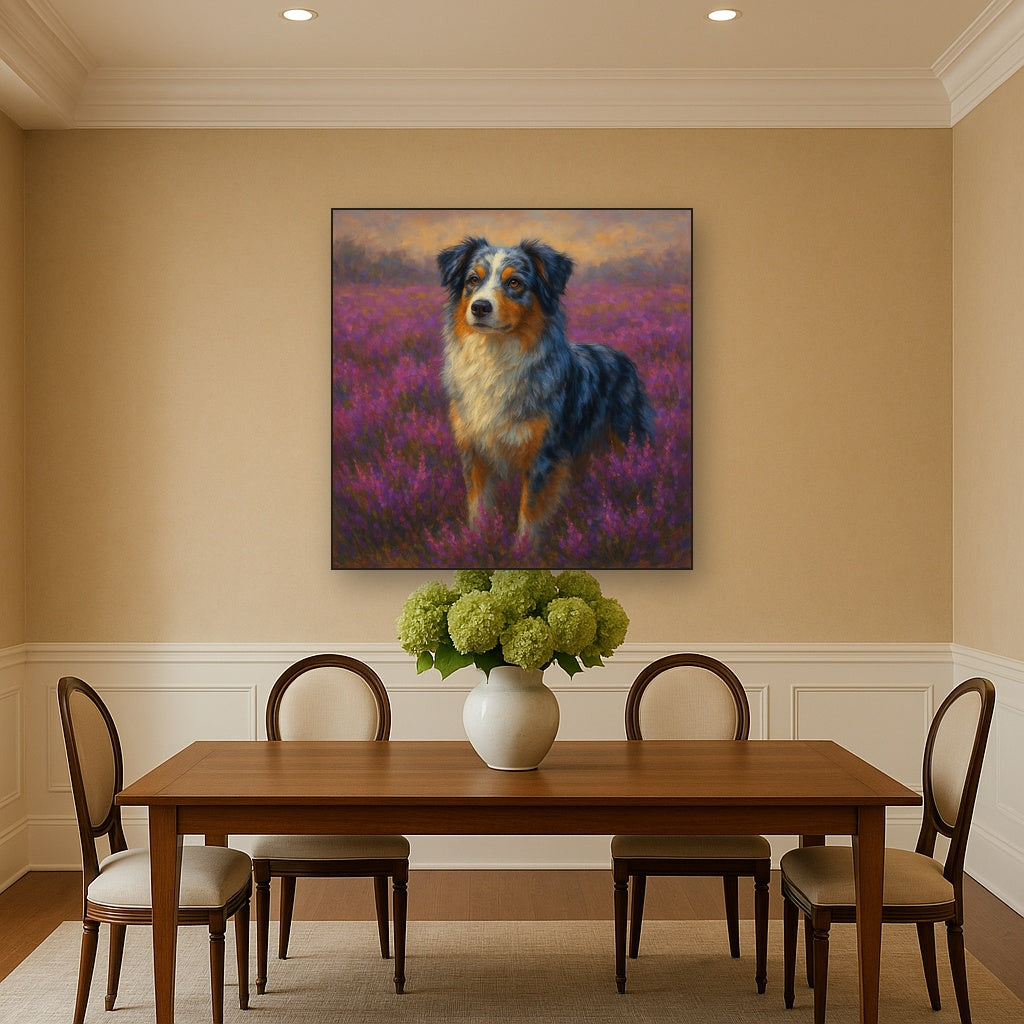 Australian Shepherd in Blooming Heather Field Fine Art Oil Painting - View 4