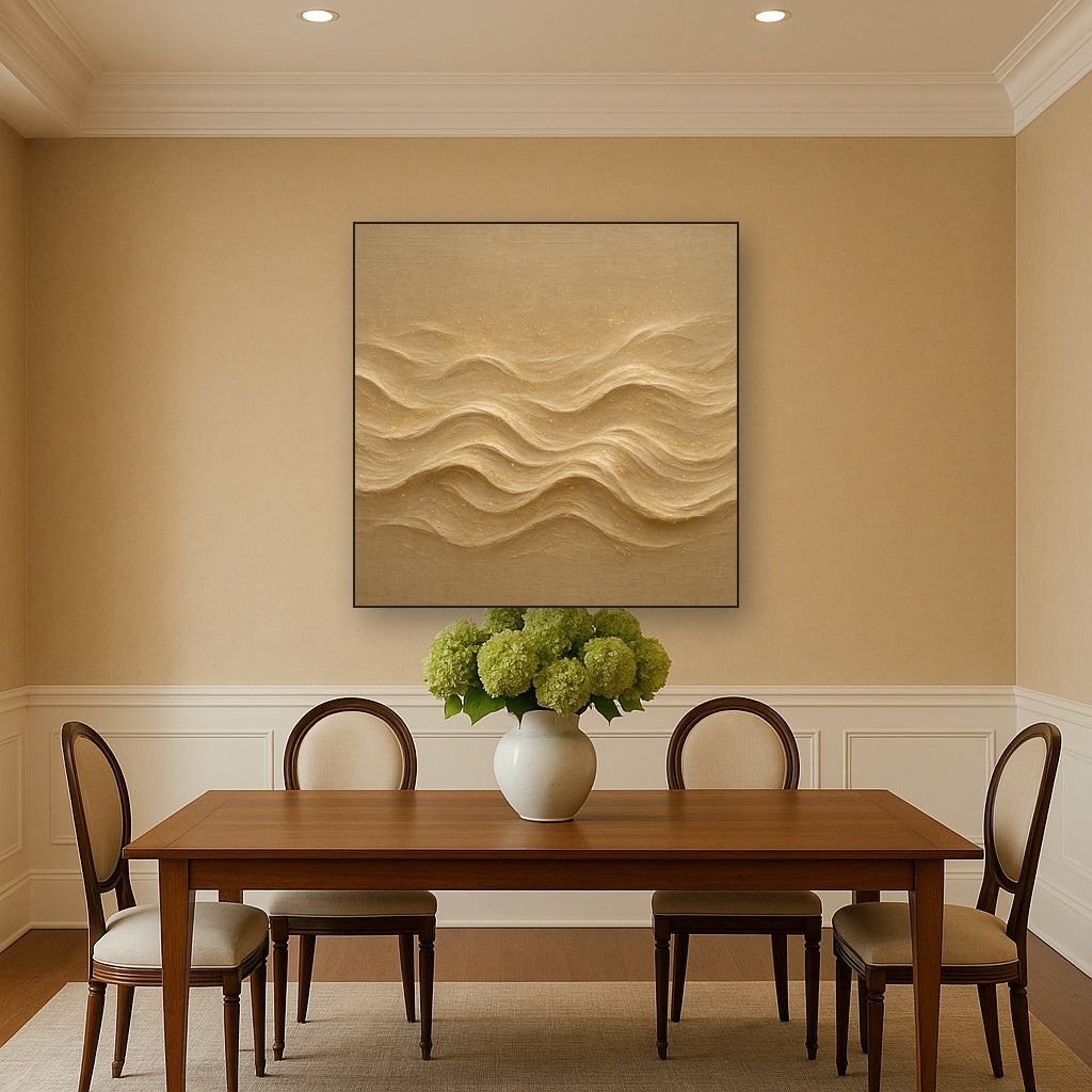 Champagne Wave & Gold Mist Luxury Oil Painting - Styled in Elegant Dining Room