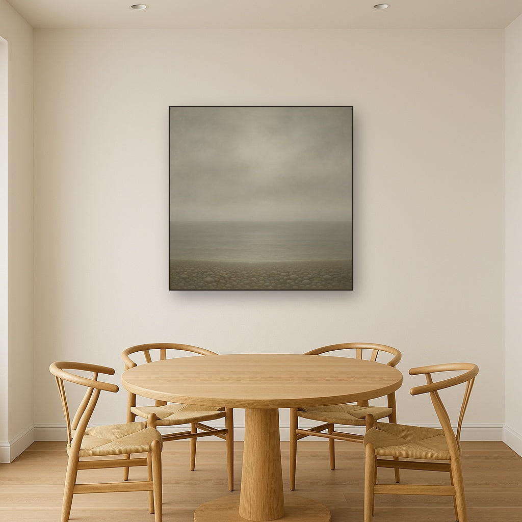Overcast Coastal Fog & Wet Pebble Shingle No. 11 Oil Painting Staged Above Dining Room Credenza, Elegant Hand Painted Oil Art for Dining Room Walls