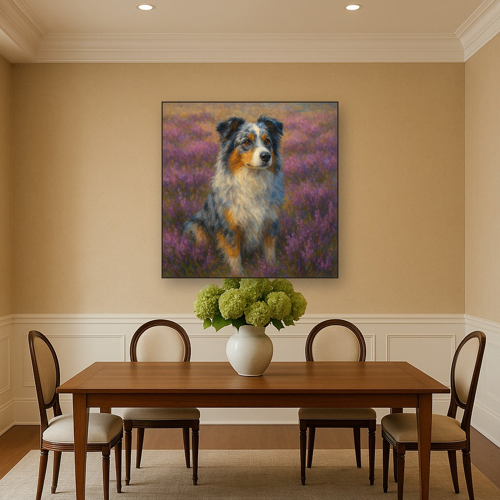Australian Shepherd in Blooming Heather Field No. 3 Fine Art Oil Painting - View 4