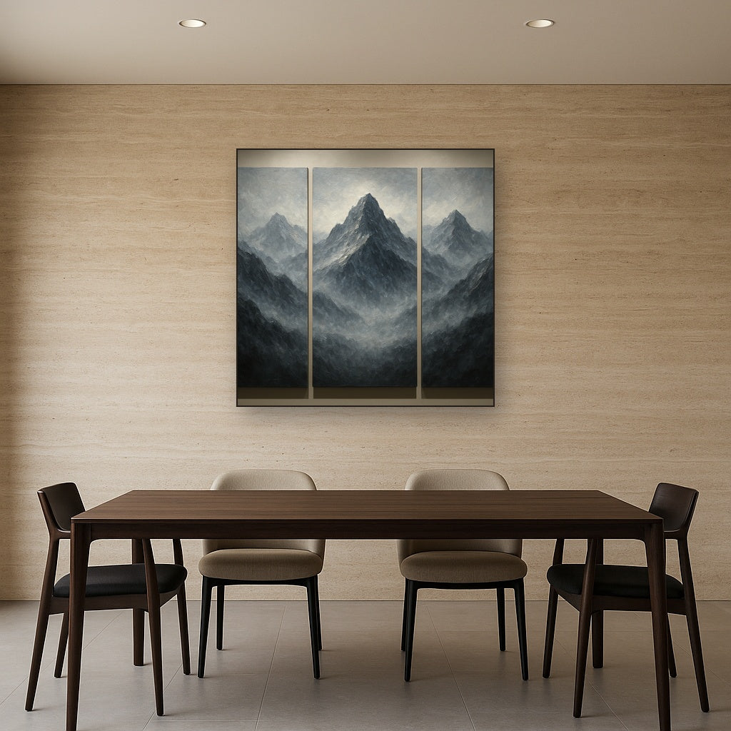 Alpine Mist Triptych Masterpiece No. 2 Oil Painting - Styled in Elegant Dining Room
