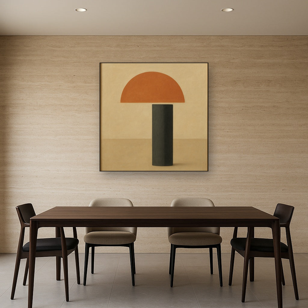 Semicircle Horizon & Minimalist Pillar No. 8 Oil Painting Staged Above Dining Room Credenza, Elegant Hand Painted Oil Art for Dining Room Walls