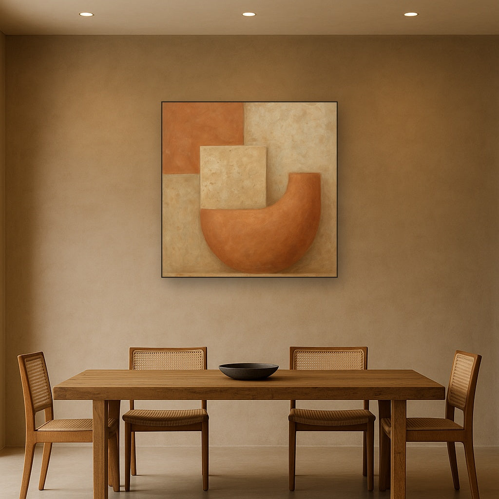 Earthy Terracotta & Weathered Plaster Wash No. 19 Oil Painting Staged Above Dining Room Credenza, Elegant Hand Painted Oil Art for Dining Room Walls