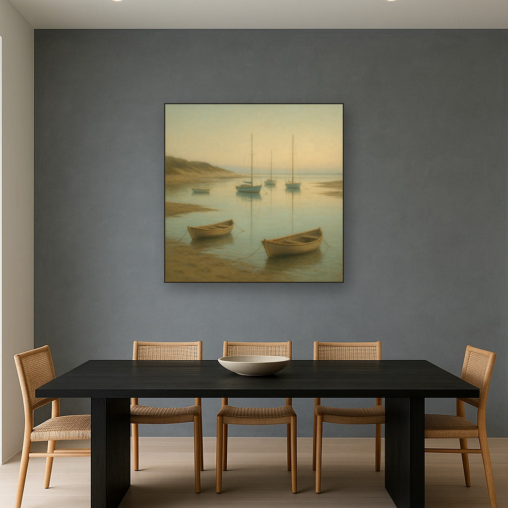 Quiet Fishing Harbor at Morning Low Tide No. 18 Oil Painting Staged Above Dining Room Credenza, Elegant Hand Painted Oil Art for Dining Room Walls