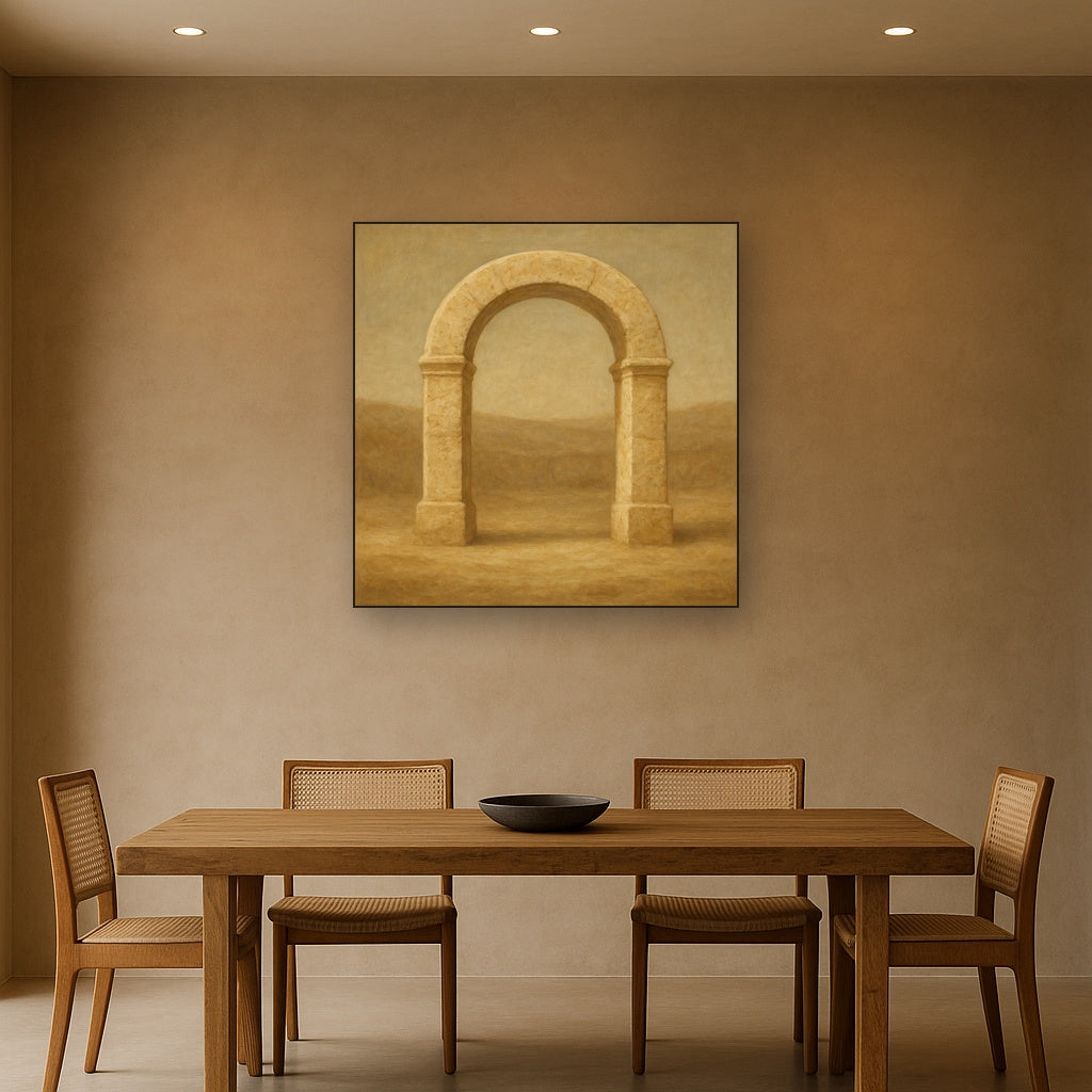 Travertine Stone Arch & Earth Tones No. 28 Oil Painting Staged Above Dining Room Credenza, Elegant Hand Painted Oil Art for Dining Room Walls