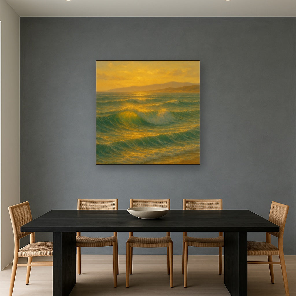 Golden Hour Sunlight on Ocean Swells No. 5 Oil Painting Staged Above Dining Room Credenza, Elegant Hand Painted Oil Art for Dining Room Walls