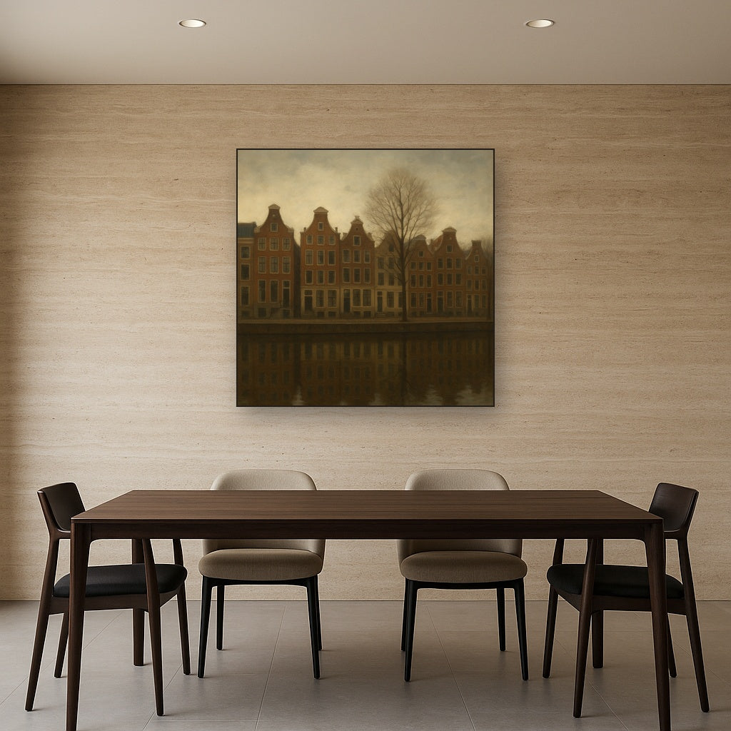 Amsterdam Canal Houses Under Overcast Sky No. 28 Oil Painting Staged Above Dining Room Credenza, Elegant Hand Painted Oil Art for Dining Room Walls