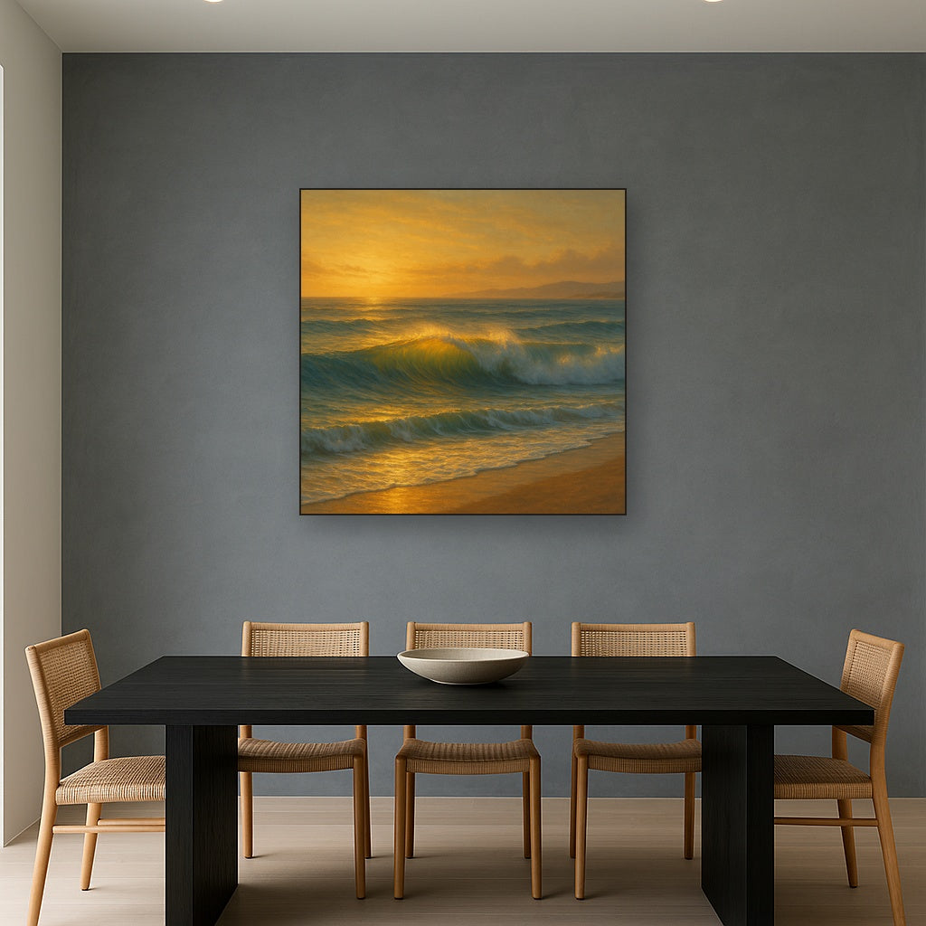 Golden Hour Sunlight on Ocean Swells No. 12 Oil Painting Staged Above Dining Room Credenza, Elegant Hand Painted Oil Art for Dining Room Walls