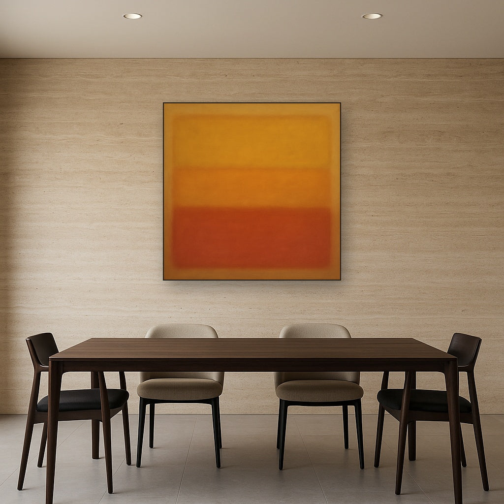 Luminous Ochre & Terracotta Horizon Color Field No. 13 Oil Painting Staged Above Dining Room Credenza, Elegant Hand Painted Oil Art for Dining Room Walls