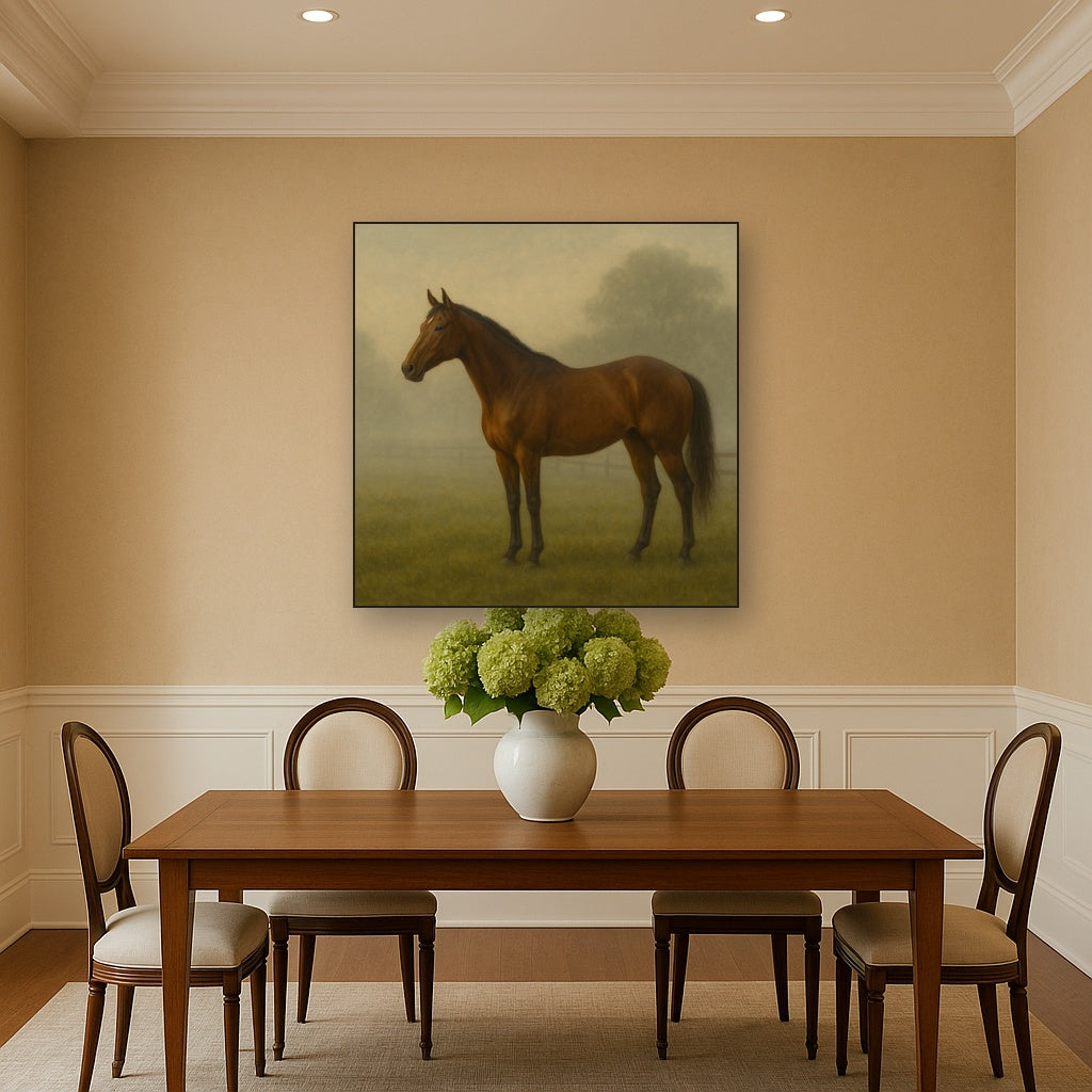 Thoroughbred in Morning Pasture Mist No. 3 Oil Painting - View 4