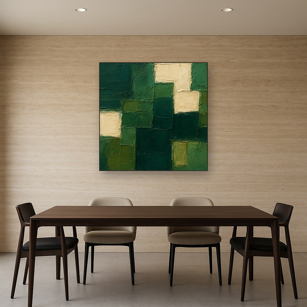 Emerald Resonance Modern Abstract Oil Painting - Styled in Elegant Dining Room