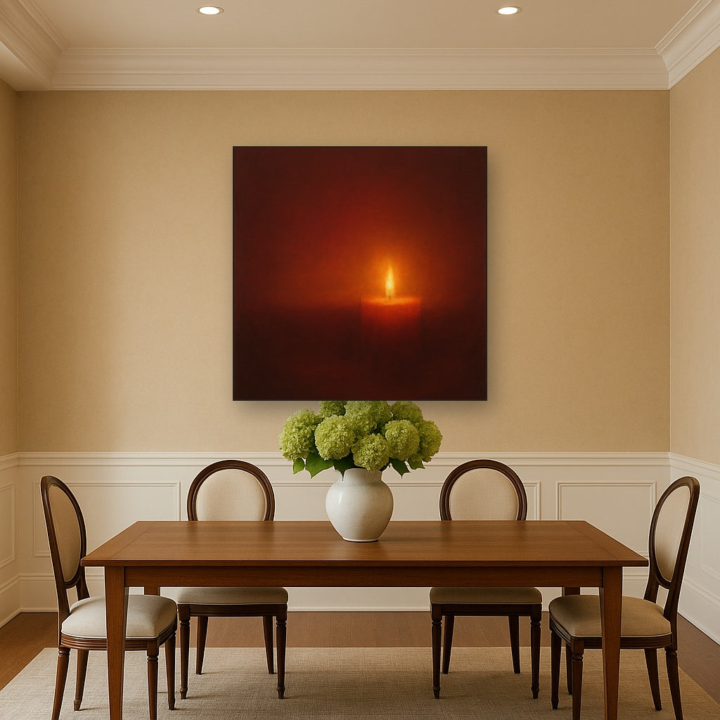 Deep Garnet & Amber Candlelight Horizon No. 16 Oil Painting Staged Above Dining Room Credenza, Elegant Hand Painted Oil Art for Dining Room Walls