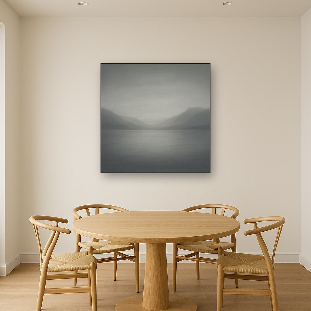 Misty Fjord Horizon in Monochromatic Slate No. 16 Oil Painting Staged Above Dining Room Credenza, Elegant Hand Painted Oil Art for Dining Room Walls