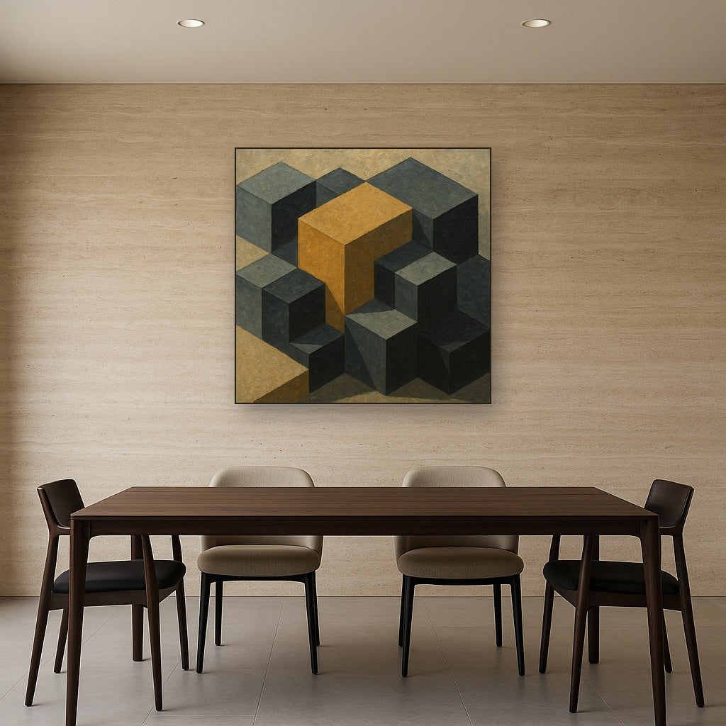 Isometric Modernist Cube Abstraction No. 2 Oil Painting - Styled in Elegant Dining Room