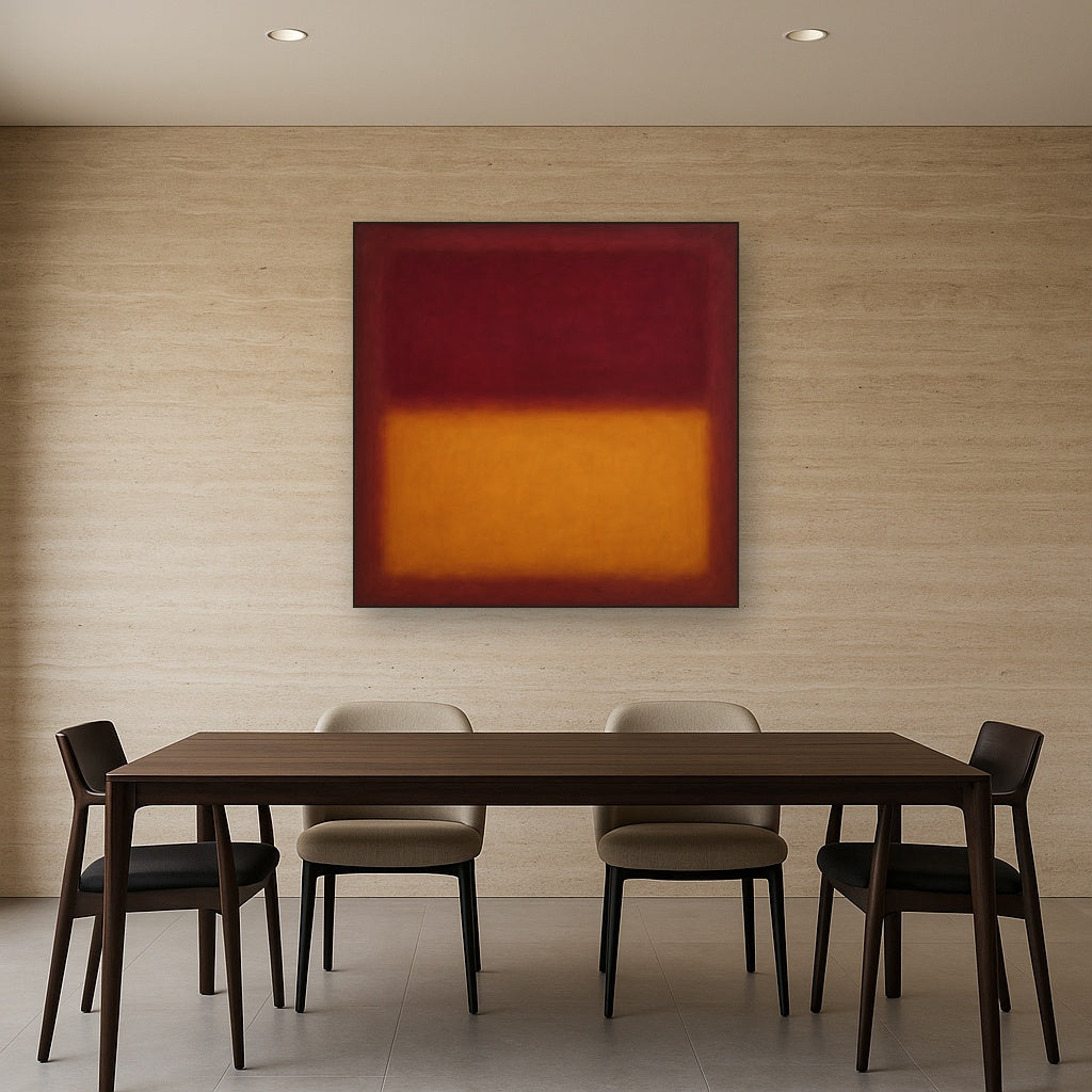 Crimson Burgundy & Saffron Gold Color Vibrations No. 23 Oil Painting Staged Above Dining Room Credenza, Elegant Hand Painted Oil Art for Dining Room Walls
