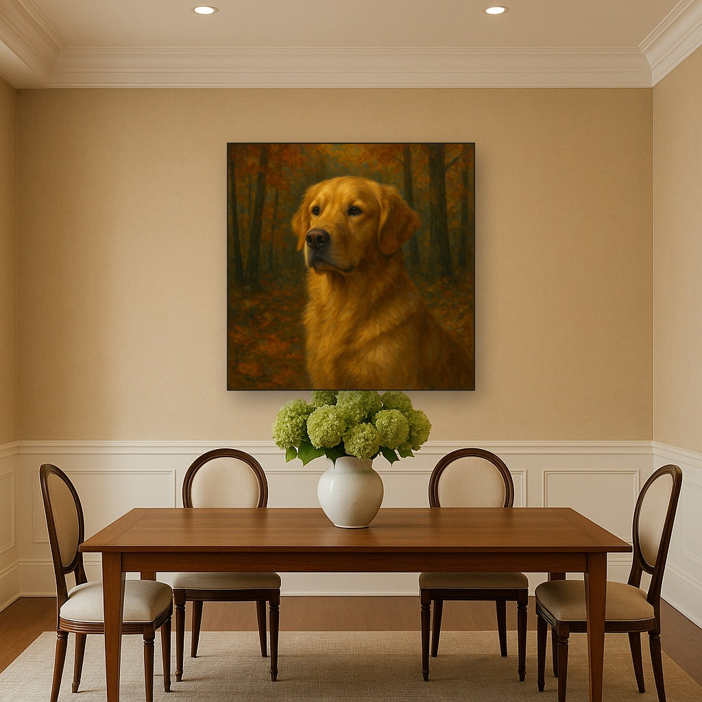 Noble Golden Retriever in Autumn Woods Fine Art Oil Painting - View 4