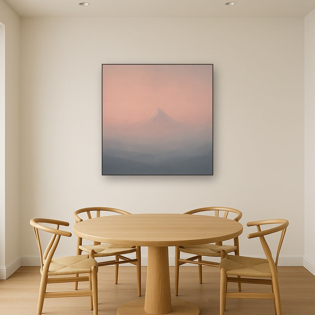 Pale Alpenglow over Distant Glacial Peak No. 14 Oil Painting Staged Above Dining Room Credenza, Elegant Hand Painted Oil Art for Dining Room Walls