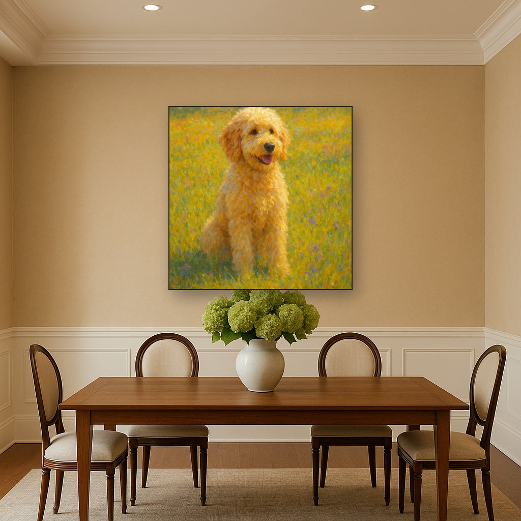 Fluffy Goldendoodle in Sun-Drenched Meadow No. 17 Fine Art Oil Painting - View 4