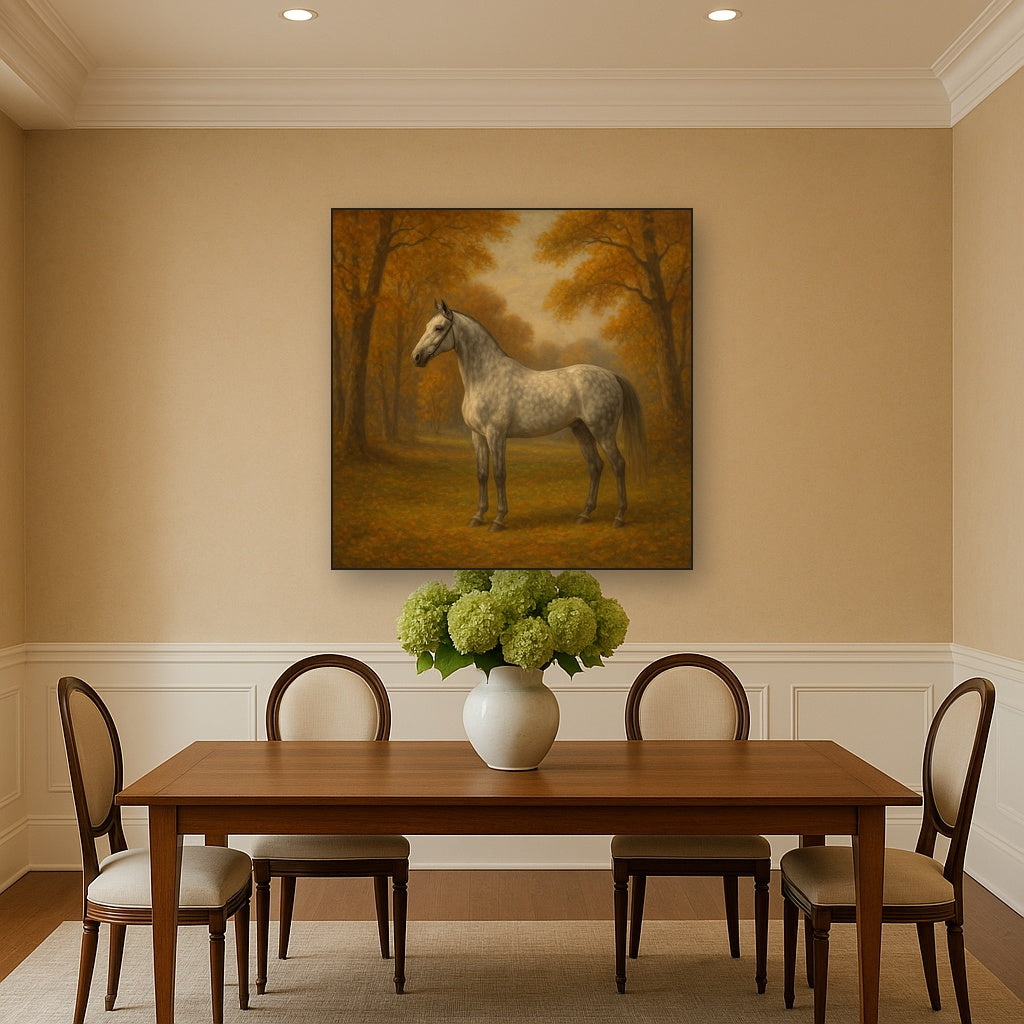 Dappled Grey Hunter in Autumn Woodland No. 11 Oil Painting Staged Above Dining Room Credenza, Elegant Hand Painted Oil Art for Dining Room Walls