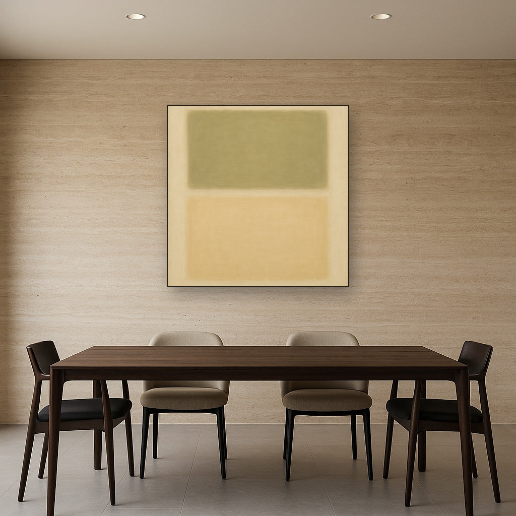 Sage Olive & Pale Sandstone Minimalist Harmony No. 4 Oil Painting Staged Above Dining Room Credenza, Elegant Hand Painted Oil Art for Dining Room Walls