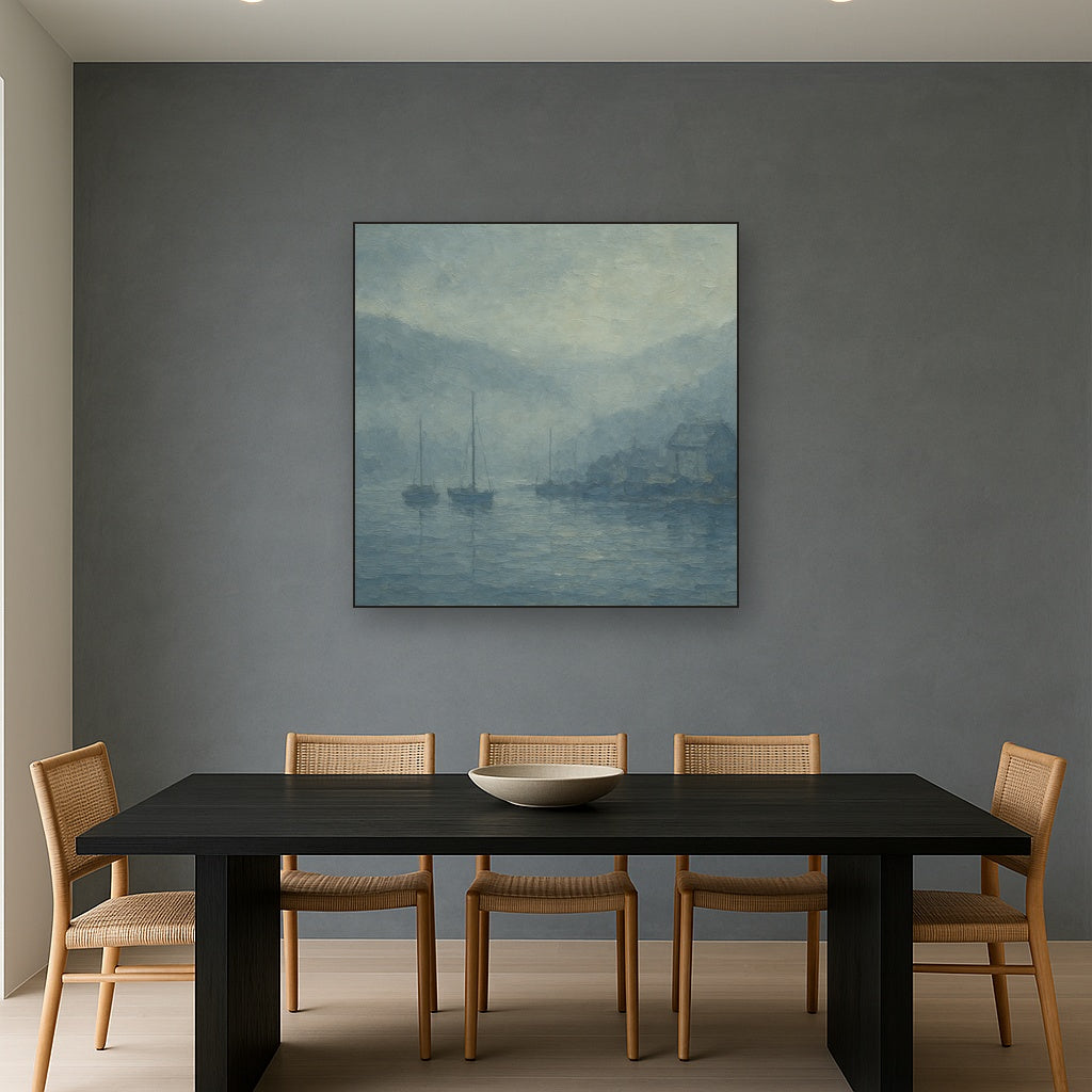Quiet Harbor in Fog Seascape Oil Painting - View 4