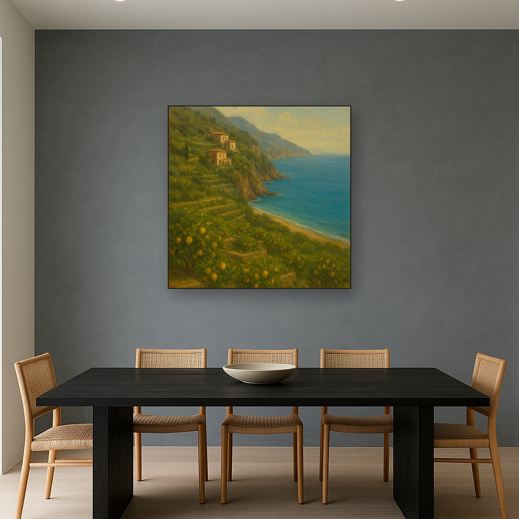 Italian Amalfi Coastline Terraces & Lemon Grove No. 3 Oil Painting Staged Above Dining Room Credenza, Elegant Hand Painted Oil Art for Dining Room Walls