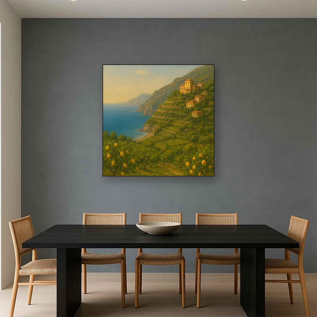 Italian Amalfi Coastline Terraces & Lemon Grove No. 8 Oil Painting Staged Above Dining Room Credenza, Elegant Hand Painted Oil Art for Dining Room Walls