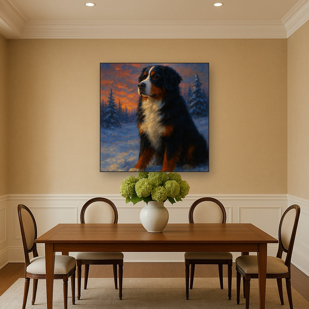 Bernese Mountain Dog in Winter Snowscape No. 13 Fine Art Oil Painting - View 4