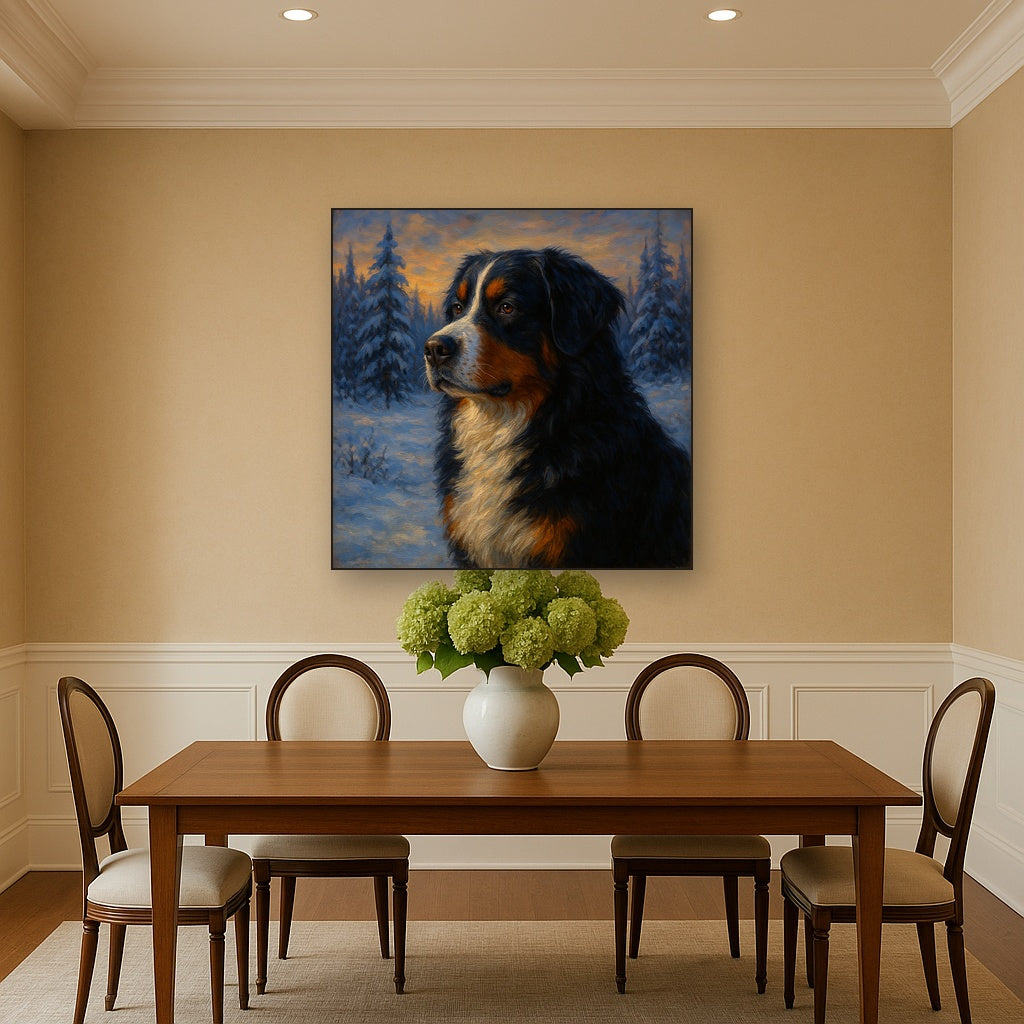 Bernese Mountain Dog in Winter Snowscape No. 3 Fine Art Oil Painting - View 4
