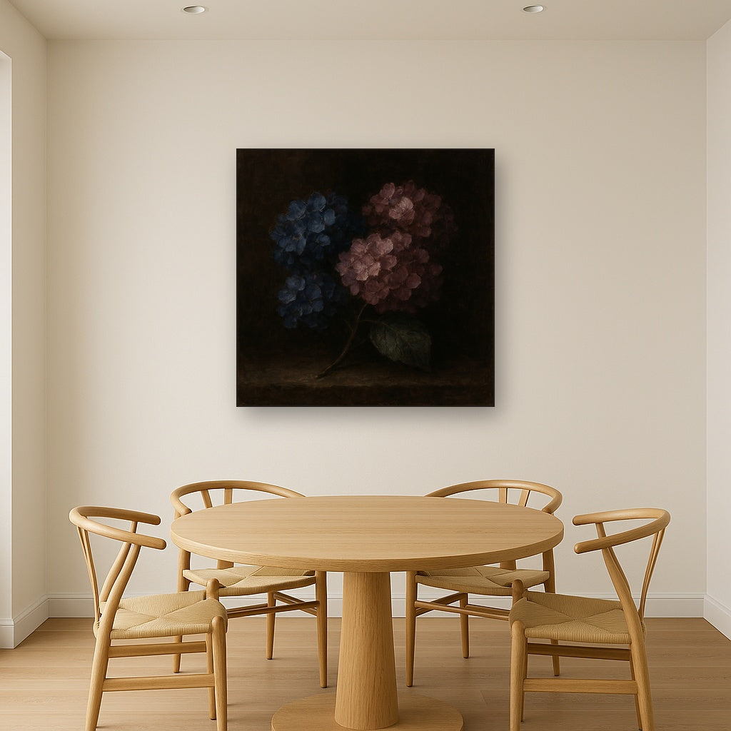 Moody Dark Hydrangea Floral Oil Painting - Styled in Elegant Dining Room