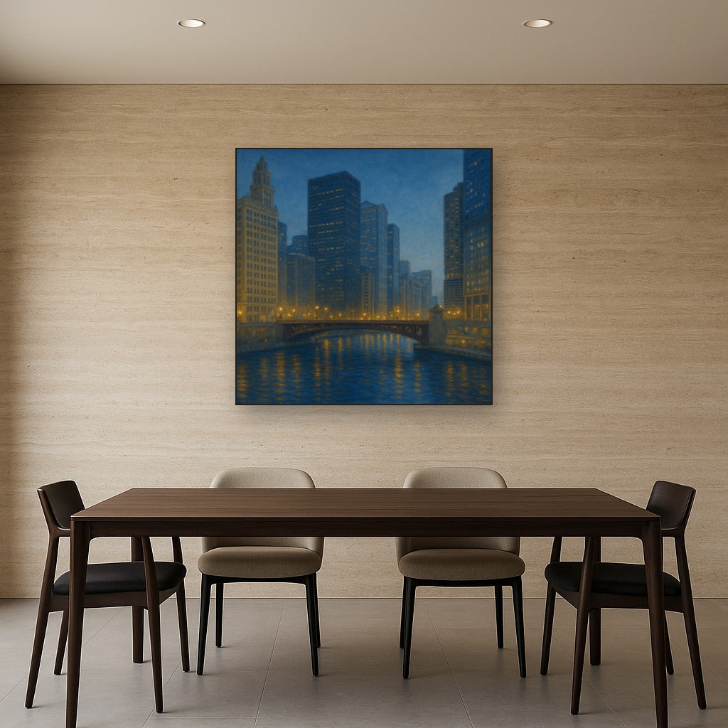 Chicago Riverfront Architecture at Blue Hour No. 7 Oil Painting - View 4