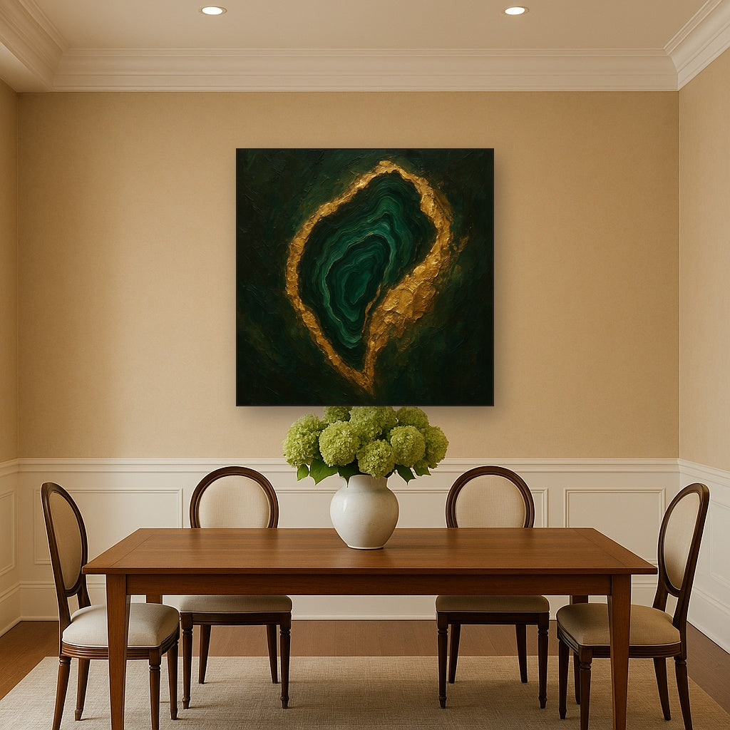 Forest Malachite & Gilded Geode Oil Painting - Styled in Elegant Dining Room