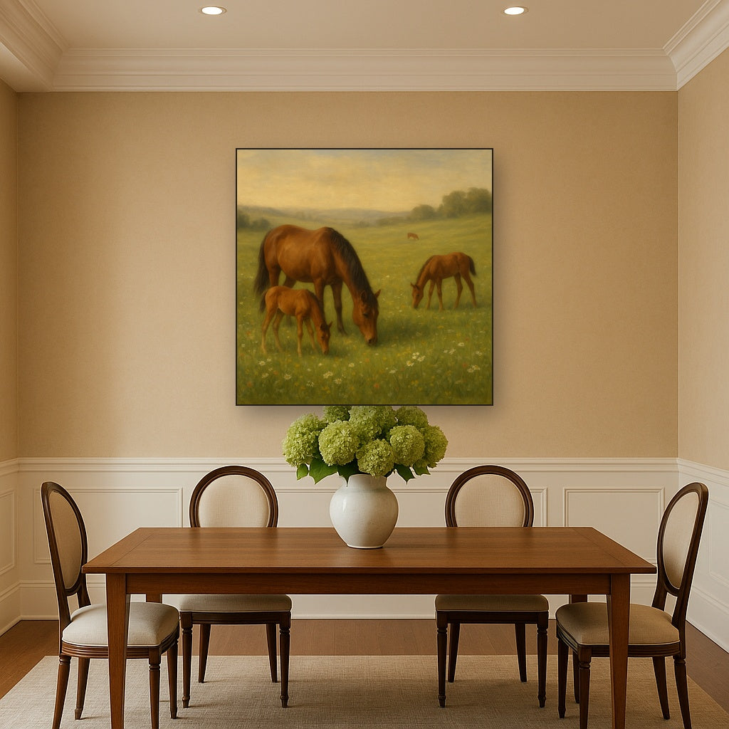 Mares & Foals Grazing in Rolling Meadow No. 9 Oil Painting - View 4