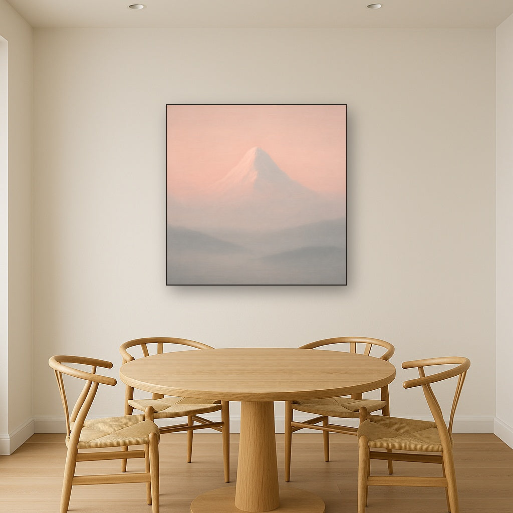 Pale Alpenglow over Distant Glacial Peak No. 6 Oil Painting Staged Above Dining Room Credenza, Elegant Hand Painted Oil Art for Dining Room Walls