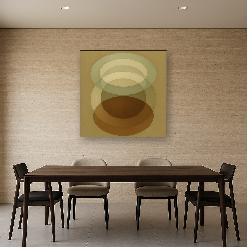 Floating Ellipse Harmony in Walnut & Pale Sage No. 9 Oil Painting Staged Above Dining Room Credenza, Elegant Hand Painted Oil Art for Dining Room Walls