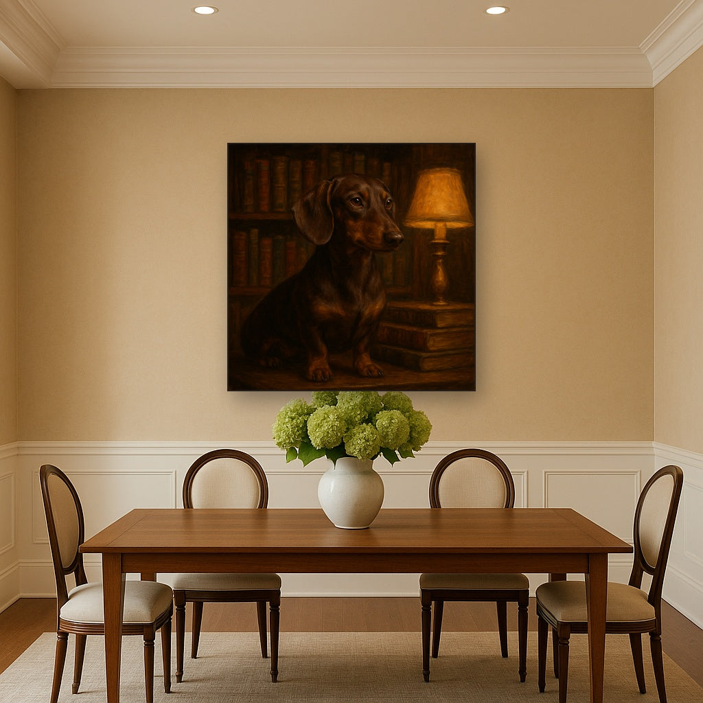 Smooth Dachshund in Moody Library Study No. 13 Fine Art Oil Painting - View 4