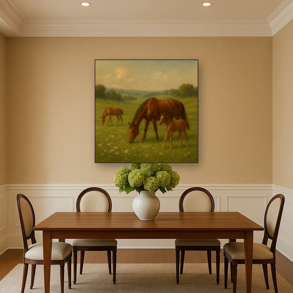 Mares & Foals Grazing in Rolling Meadow Oil Painting Staged Above Dining Room Credenza, Elegant Hand Painted Oil Art for Dining Room Walls